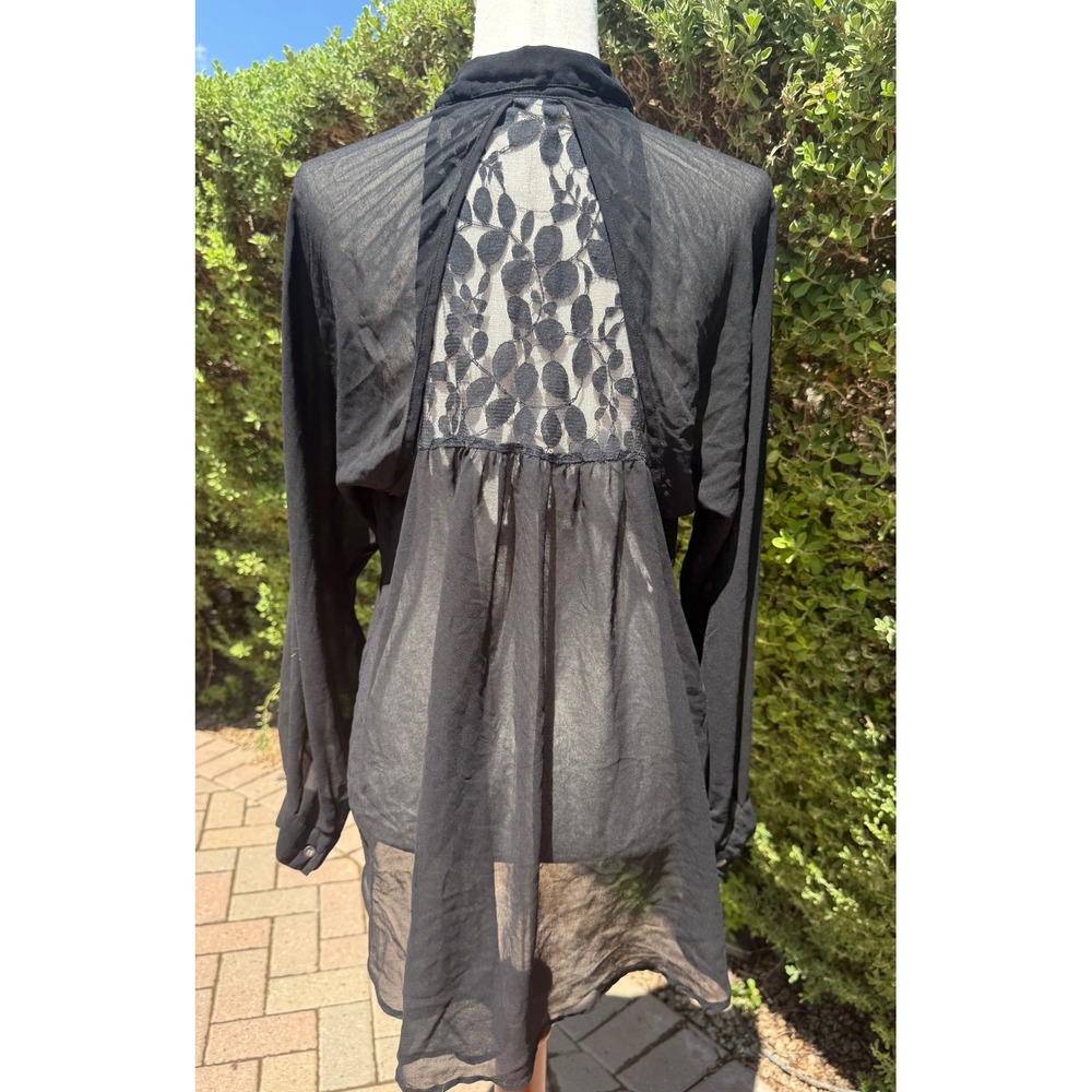 Patterson J. Kincaid Black Sheer Chiffon Button Down Top Lace Back High Low Sz 1
